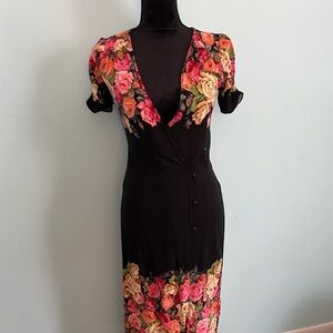 Free People Black Button up Wrap Dress with Pink and Orange Floral Design